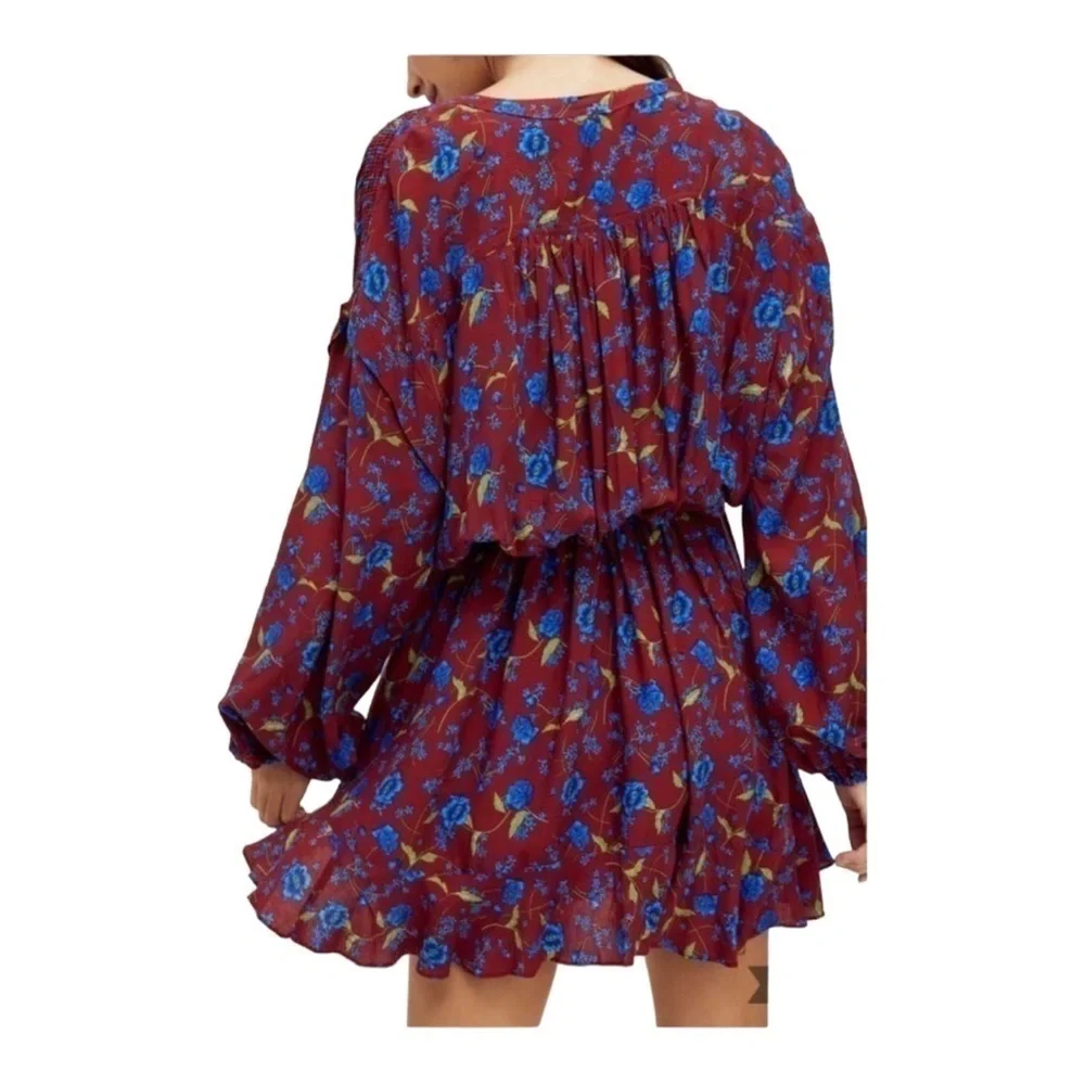 Free People Burgundy Blue Floral Long Sleeve Tie Waist Mini Dress Small